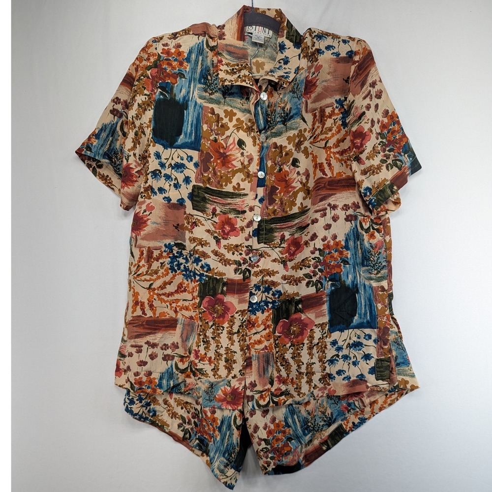 Stunt Collection Vintage 100% Silk 2 Piece Set Abstract Floral Shorts Shirt M